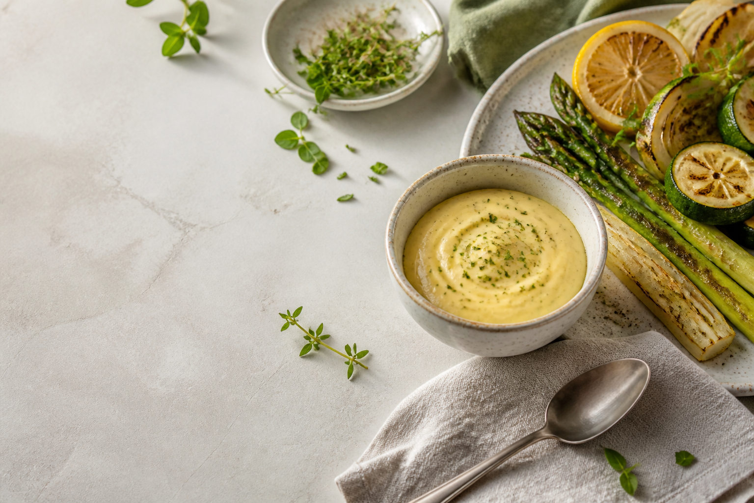 Restaurant table with sauce and herbs