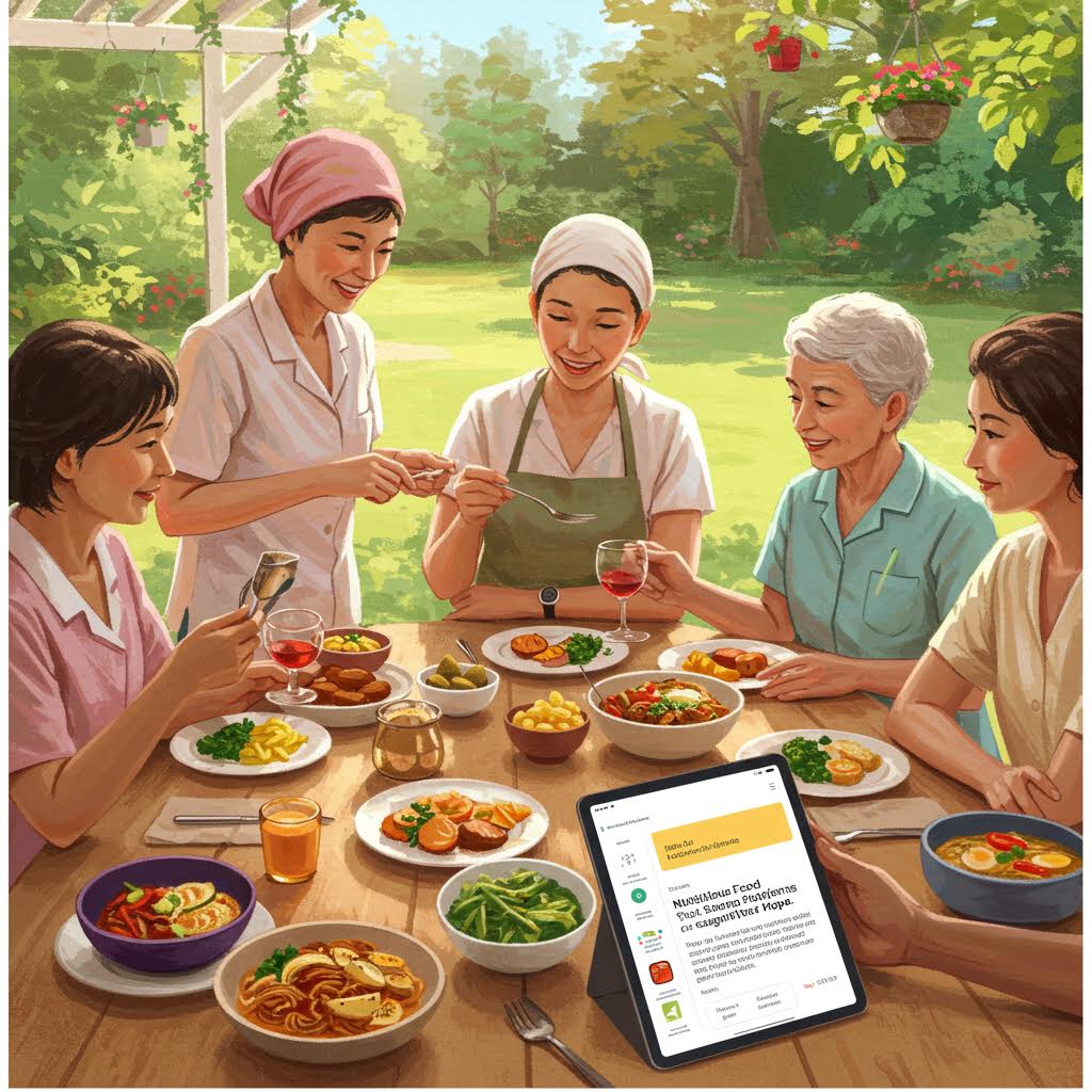 가족과 이웃이 함께 건강한 한식을 나누며 영양 관리 앱을 활용하는 장면