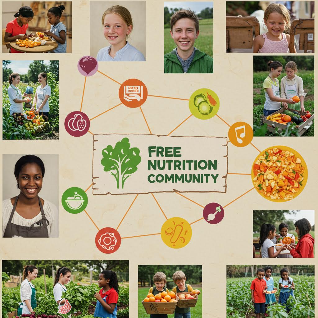 FREE NUTRITION COMMUNITY 로고와 함께 주민들이 협력하는 장면이 온카스터디 관련 자원 분배 구조를 보여주는 장면