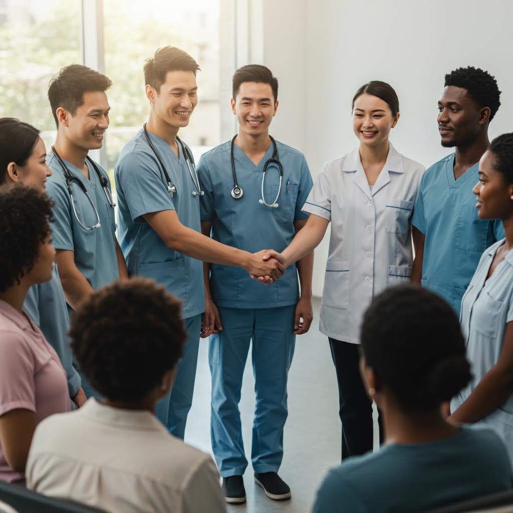 의료진이 서로 인사하며 협력 관계를 다지는 장면, 온카스터디의 협업 네트워크를 통해 의료 팀워크가 강화된 모습