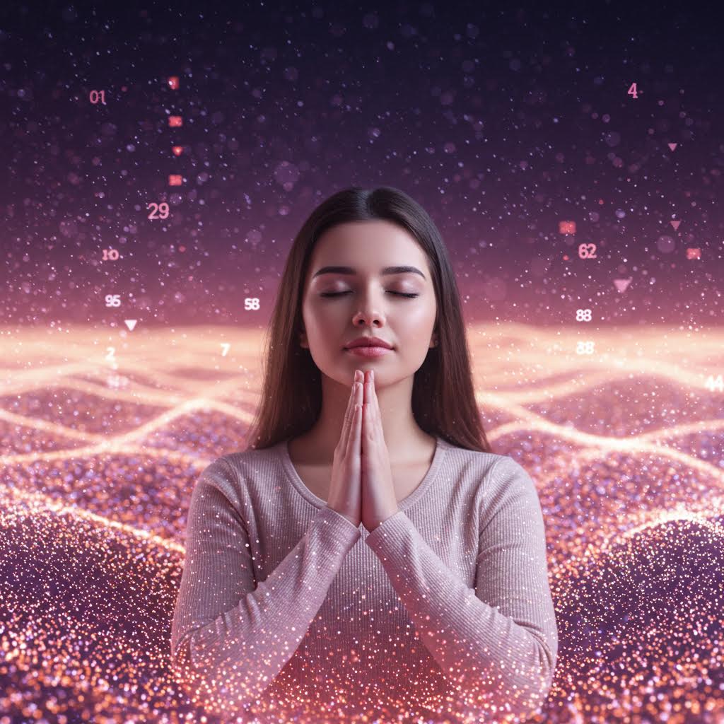 눈 감고 기도 자세로 서 있는 여성, 주변에 보라-분홍 파동과 01·29·95 등 숫자·아이콘 떠 있는 디지털 명상 비전.