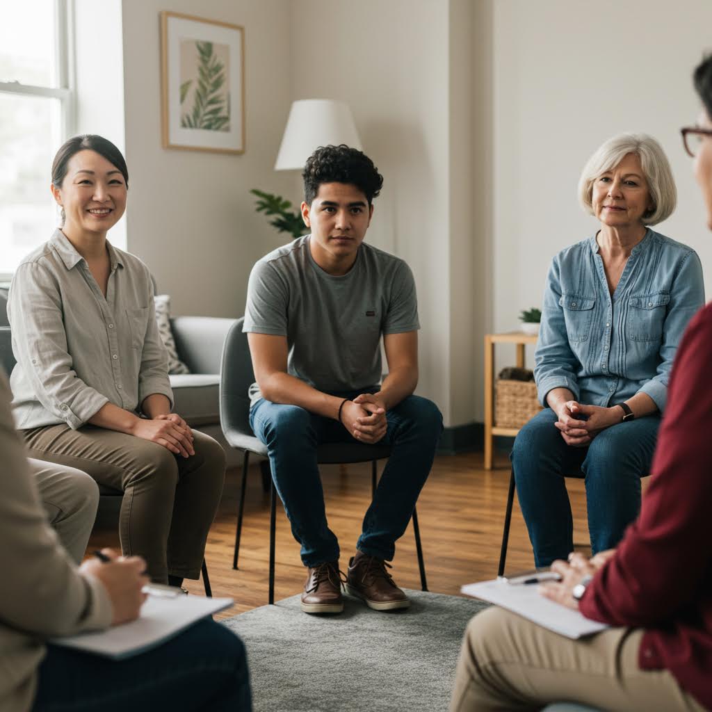 따뜻한 햇살이 드는 방 안에서 사람들이 원을 이루며 대화를 나누는 공감의 순간