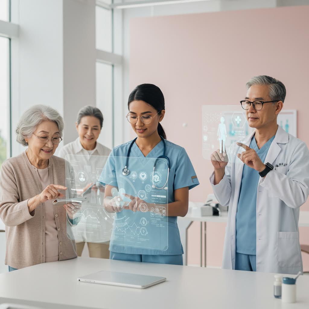 병원에서 간호사·의사·노인 환자 4명, 투명 홀로그램 화면에 심장·그래프·아이콘 보며 태블릿·손동작으로 상담하는 첨단 헬스케어 장면.