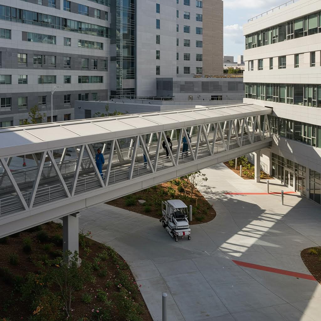 병원 건물 사이를 연결하는 유리 복도를 통해 사람들이 이동하는 장면으로, 온카스터디의 스마트 헬스케어 인프라와 환자 중심 공간 설계를 상징한다.