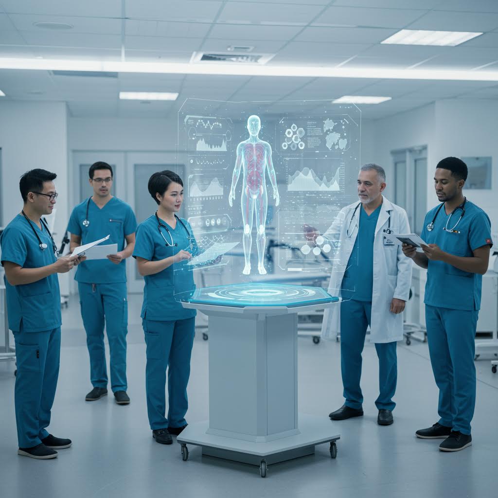 의료진이 홀로그램 인체 데이터를 분석하며 토론하는 장면, 온카스터디의 AI 의료 분석 시스템을 활용한 스마트 진단 프로세스