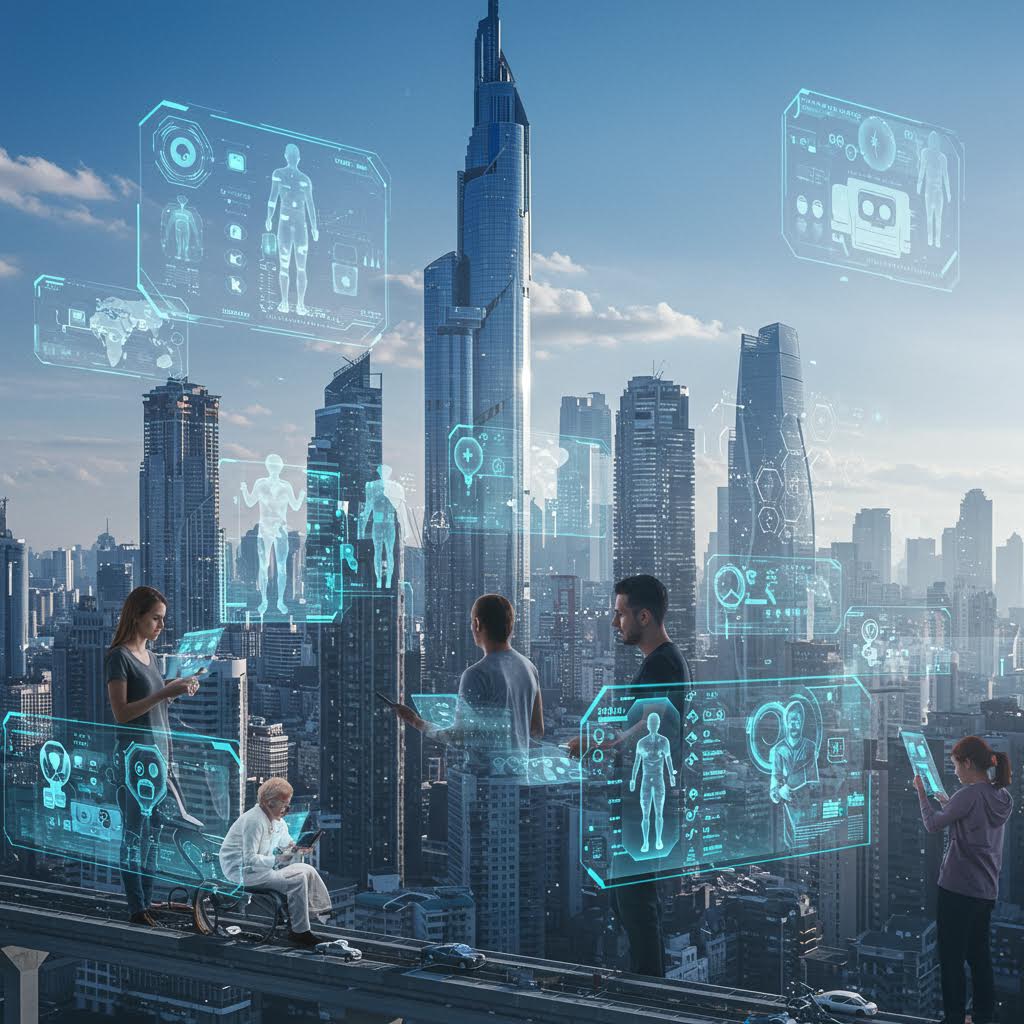 도시의 고층 빌딩을 배경으로 의료진이 홀로그램 데이터를 분석하는 장면으로, 온카스터디의 스마트 헬스케어 네트워크와 데이터 통합 기술을 보여준다.