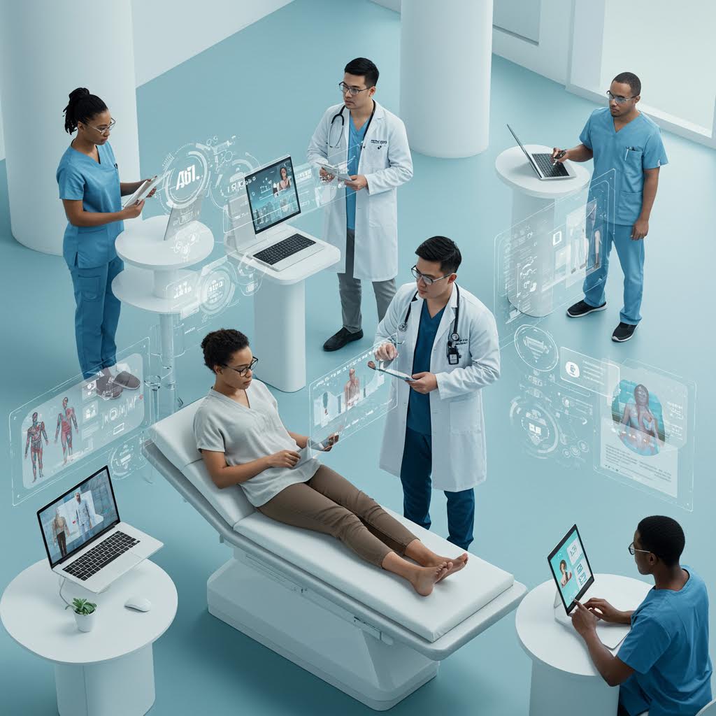 의료진이 첨단 디지털 장비로 환자 데이터를 분석하는 장면, 온카스터디의 인공지능 헬스케어 솔루션을 활용한 스마트 진료 과정