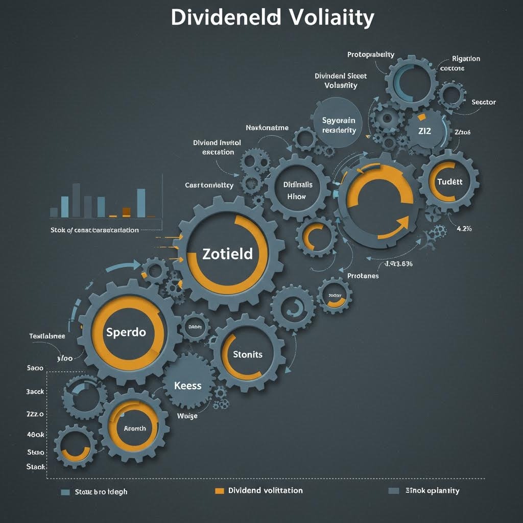 배당 변동성 인포그래픽 - 톱니바퀴 형태로 표현한 주식 배당률, 수익률, 시장 변동성 분석 개념도