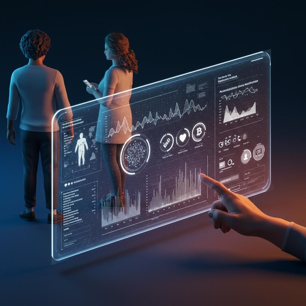 어두운 배경에서 두 사람이 투명한 홀로그램 대시보드를 보며 손가락으로 건강 데이터 차트와 통계를 가리키는 미래형 의료 데이터 분석 장면