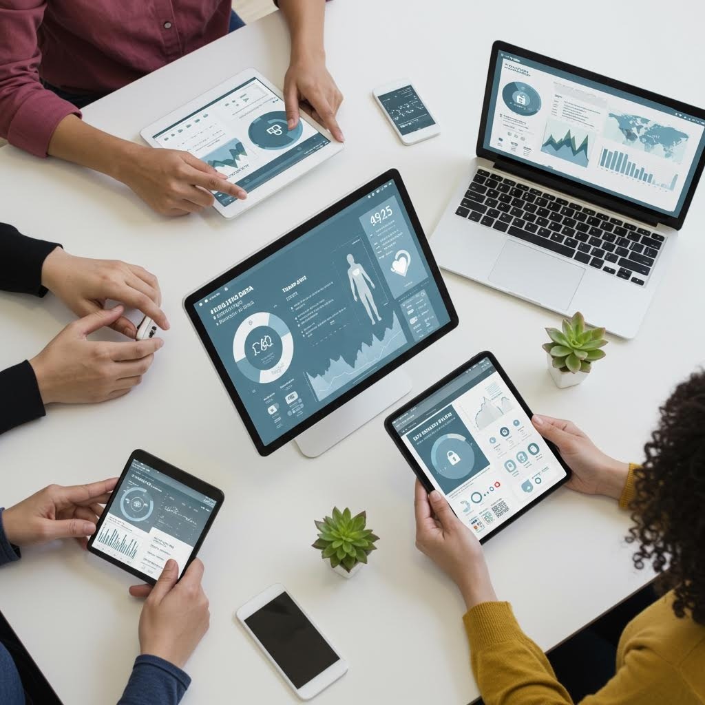 온카스터디 흰색 테이블 위에서 노트북, 태블릿, 스마트폰 등 다양한 기기로 건강 데이터 대시보드와 통계를 검토하며 협업하는 팀의 위에서 내려다본 모습