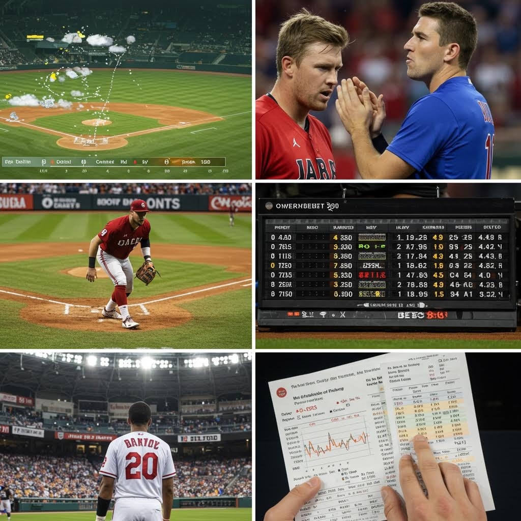 야구 스포츠 베팅 콜라주 - 경기 장면, 선수, 배당률 화면, 베팅 용지를 포함한 야구 도박 개념 이미지