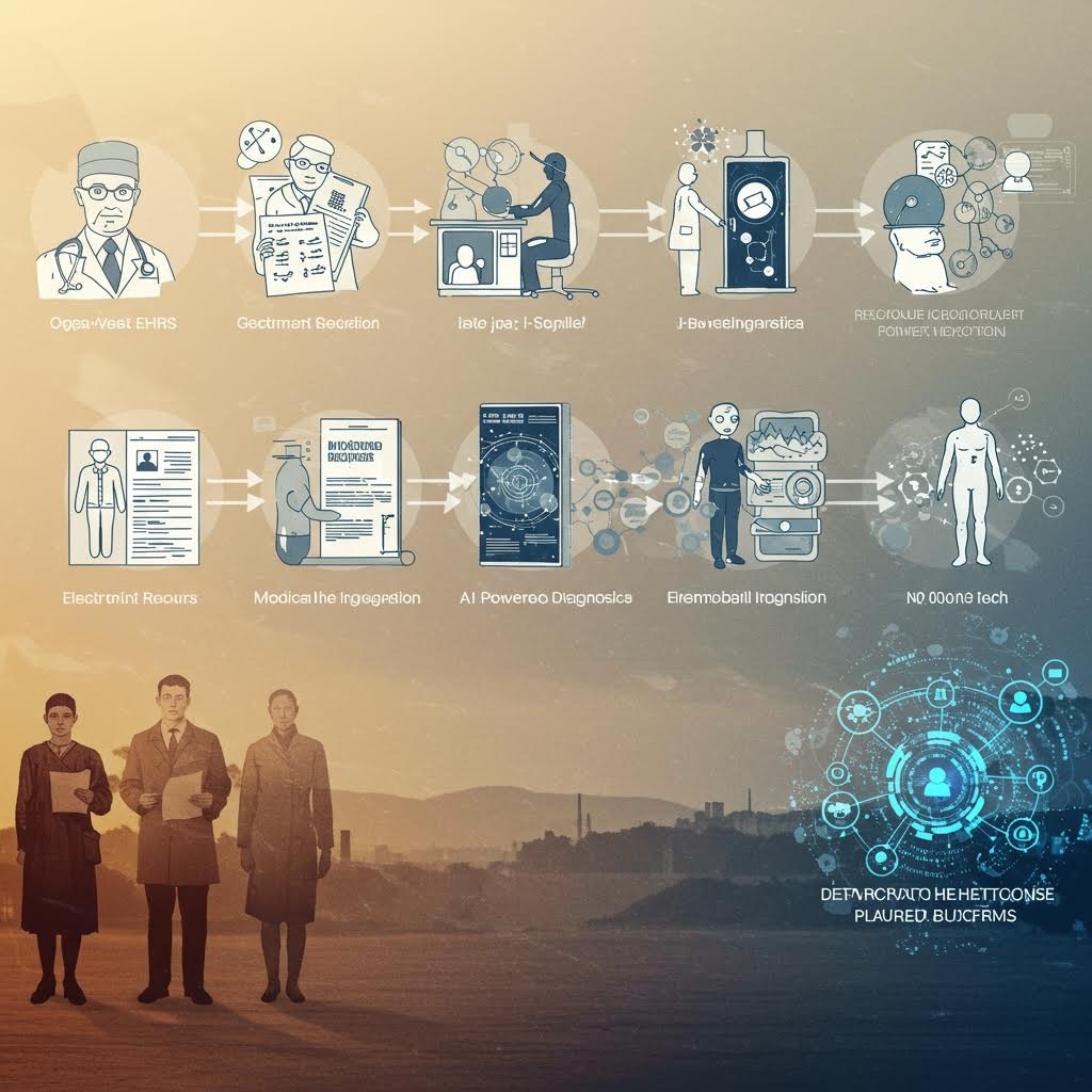 의료 데이터 검증 프로세스의 진화 - 전자 건강 기록부터 AI 기반 진단, 블록체인 통합까지 10단계 발전 과정을 보여주는 인포그래픽으로 하단에는 의료진과 청록색 디지털 네트워크가 배치된 이미지