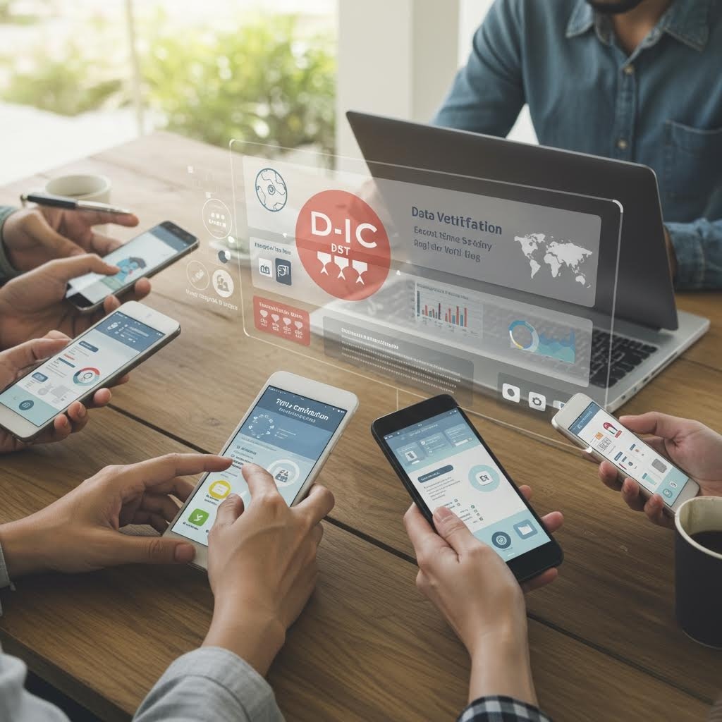 온카스터디 데이터 검증 협업 - 나무 테이블에서 여러 명이 스마트폰과 태블릿을 사용하며 노트북 화면에 투영된 'D-IC' 등급 아이콘과 데이터 검증 대시보드를 함께 검토하는 모습