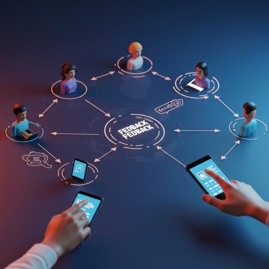 온카스터디 피드백 트랙 네트워크 - 중앙의 피드백 아이콘을 중심으로 다양한 사용자 아바타가 화살표로 연결되고 하단에서 두 손이 스마트폰으로 상호작용하는 3D 소셜 네트워크 시각화
