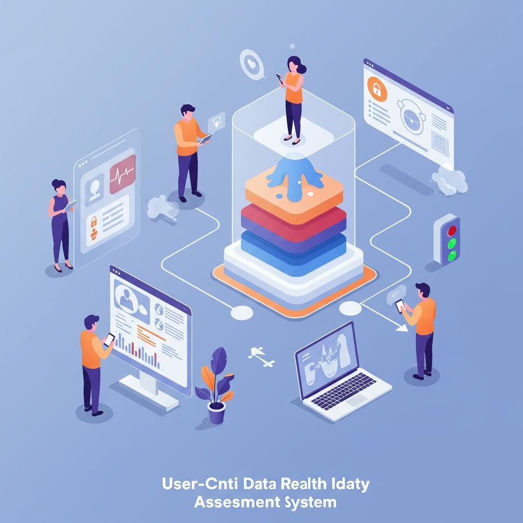 사용자 중심 데이터 건강 평가 시스템 - 중앙의 다층 플랫폼 구조를 중심으로 의료 데이터, 보안, 분석 화면이 연결되고 주변에 사용자들이 모바일 기기로 상호작용하는 아이소메트릭 일러스트레이션