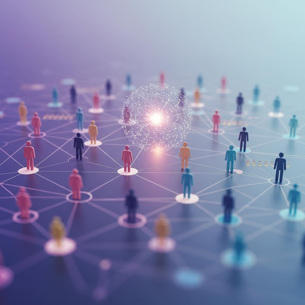 온카스터디 글로벌 커뮤니티 네트워크 - 보라색에서 청록색 그라데이션 배경에 중앙의 빛나는 디지털 구체를 중심으로 다양한 색상의 사용자 아이콘들이 선으로 연결된 분산형 네트워크 시각화