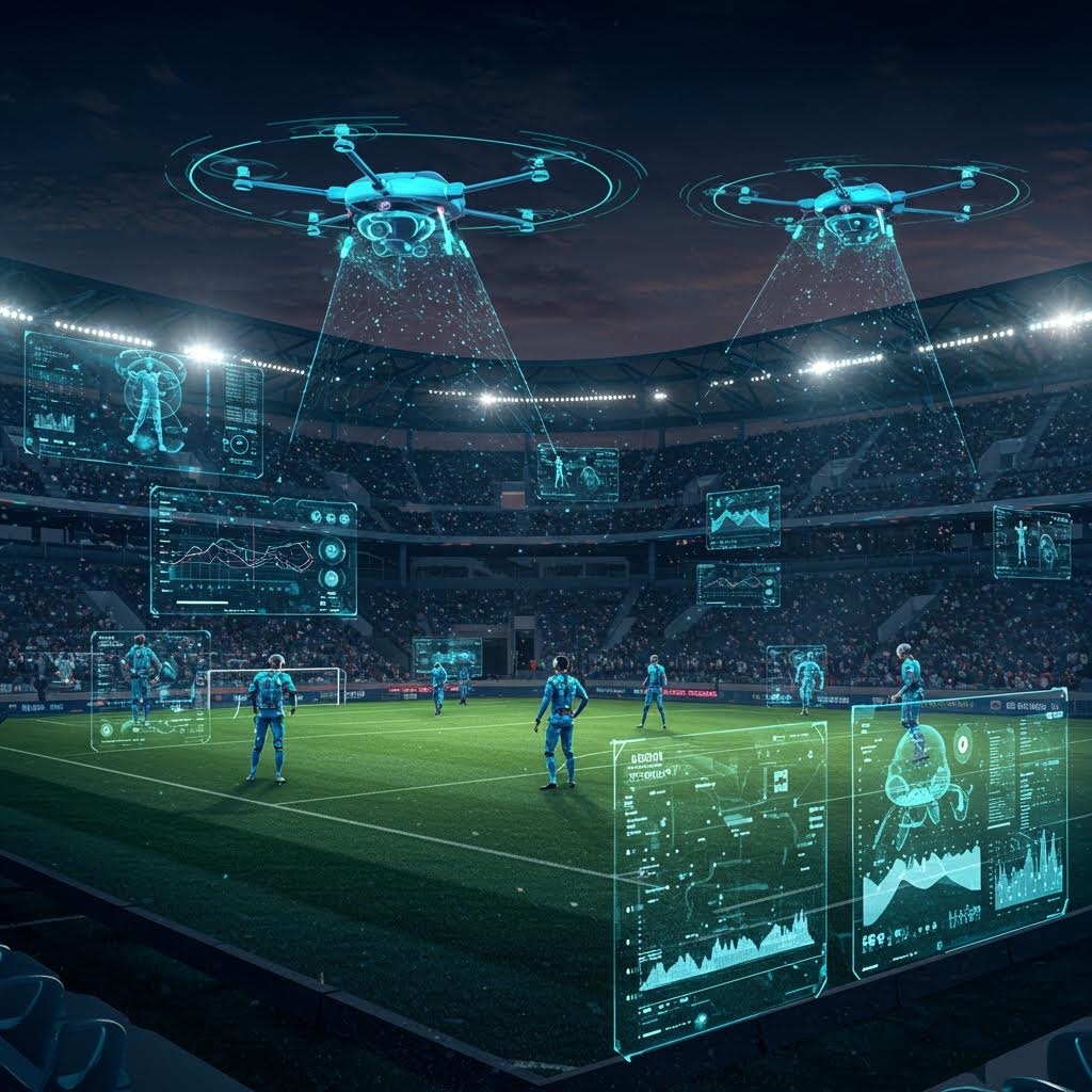 AI 스포츠 분석 기술 - 드론과 홀로그램 데이터 화면으로 축구 선수를 분석하는 미래형 경기장 시각화