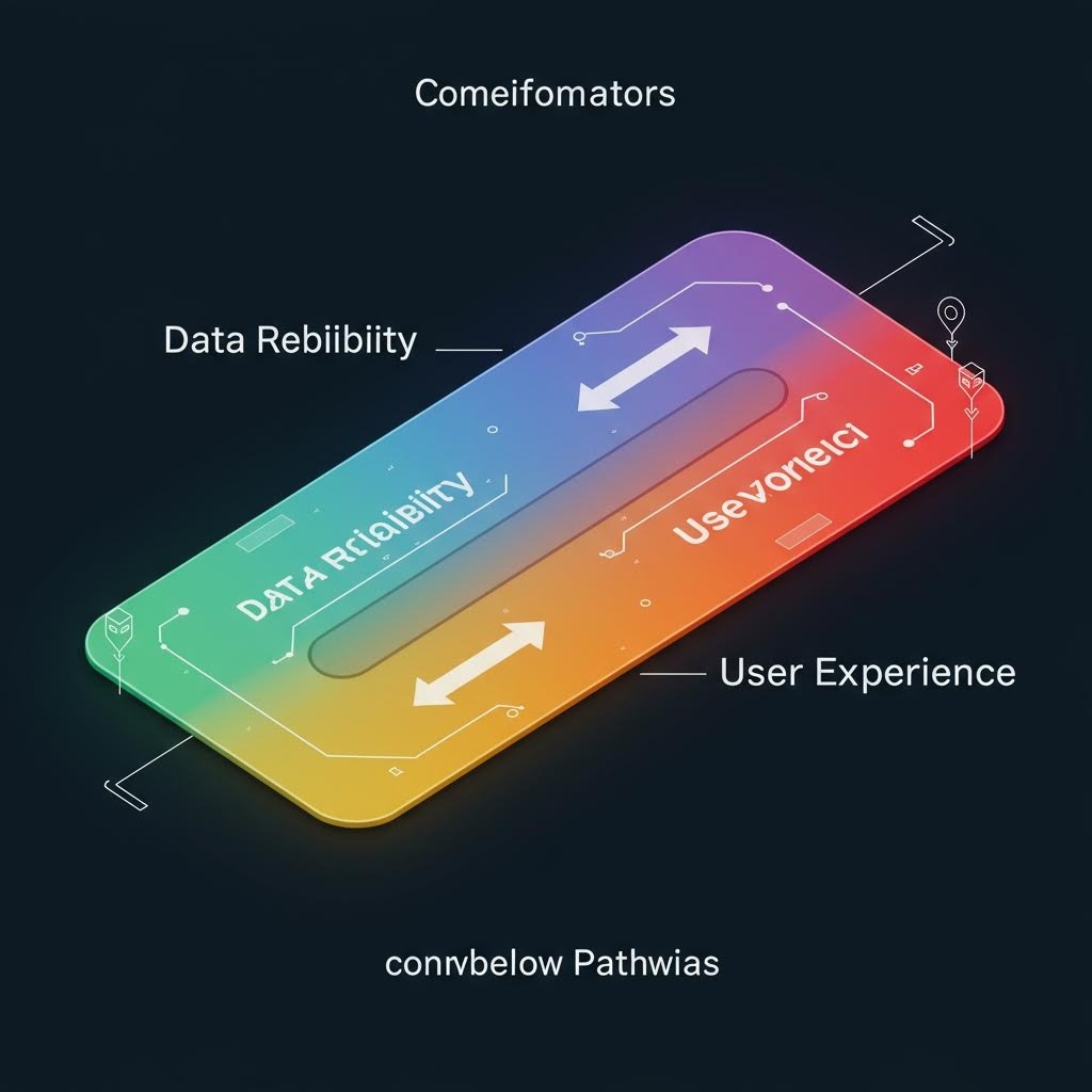 온카스터디 데이터 신뢰성, 사용자 신뢰도, 사용자 경험의 상호작용을 보여주는 녹색에서 보라색, 주황색으로 그라데이션된 3D 스마트폰 모형 다이어그램