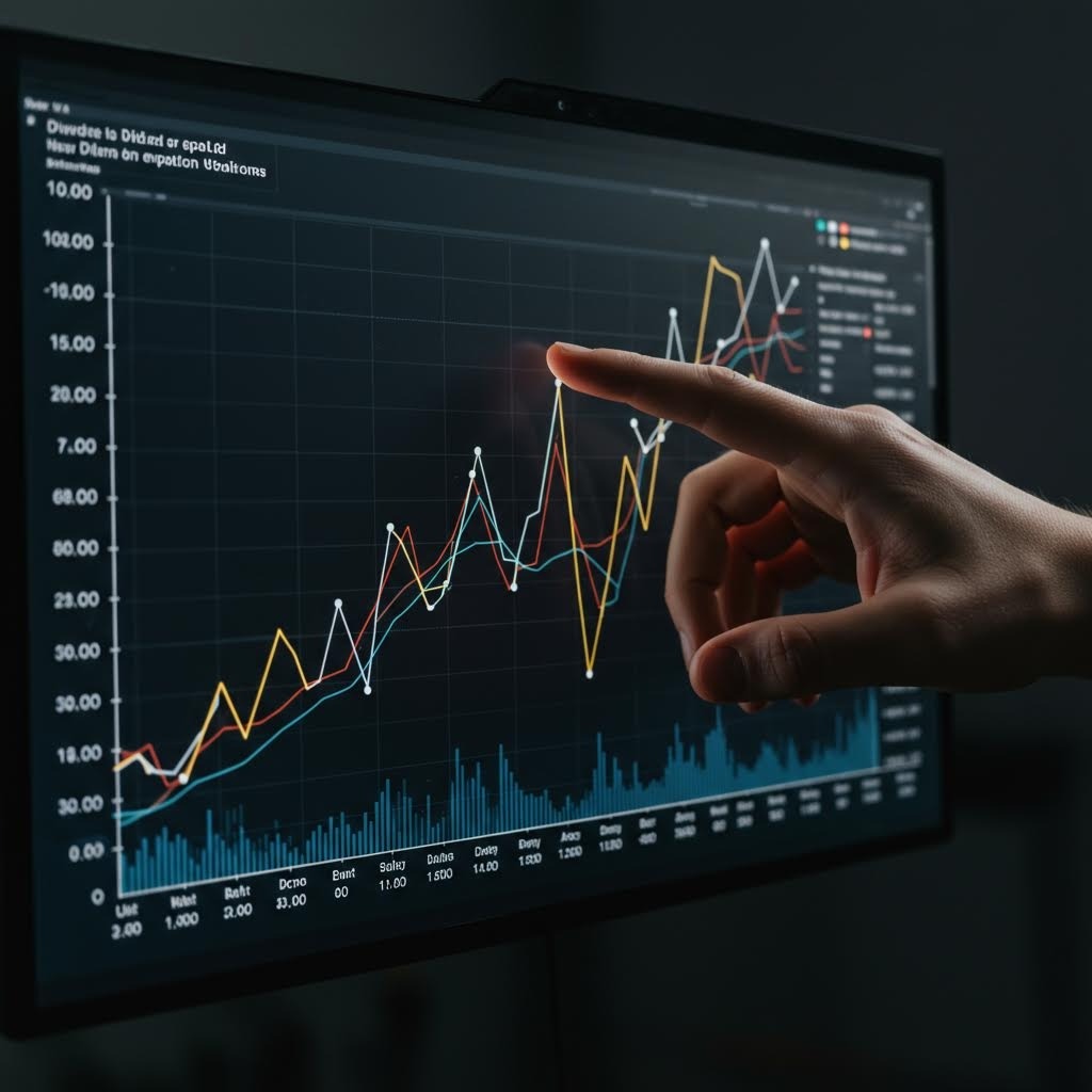 주식 차트 분석하는 손 - 모니터 화면의 다중 라인 그래프를 가리키며 데이터 트렌드 분석하는 장면