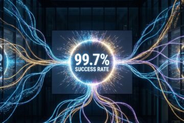 빛나는 가지 모양의 복잡한 망에 무수한 빛 입자들이 흘러가며 중앙의 밝은 통계 결과로 모여드는 모습이다.