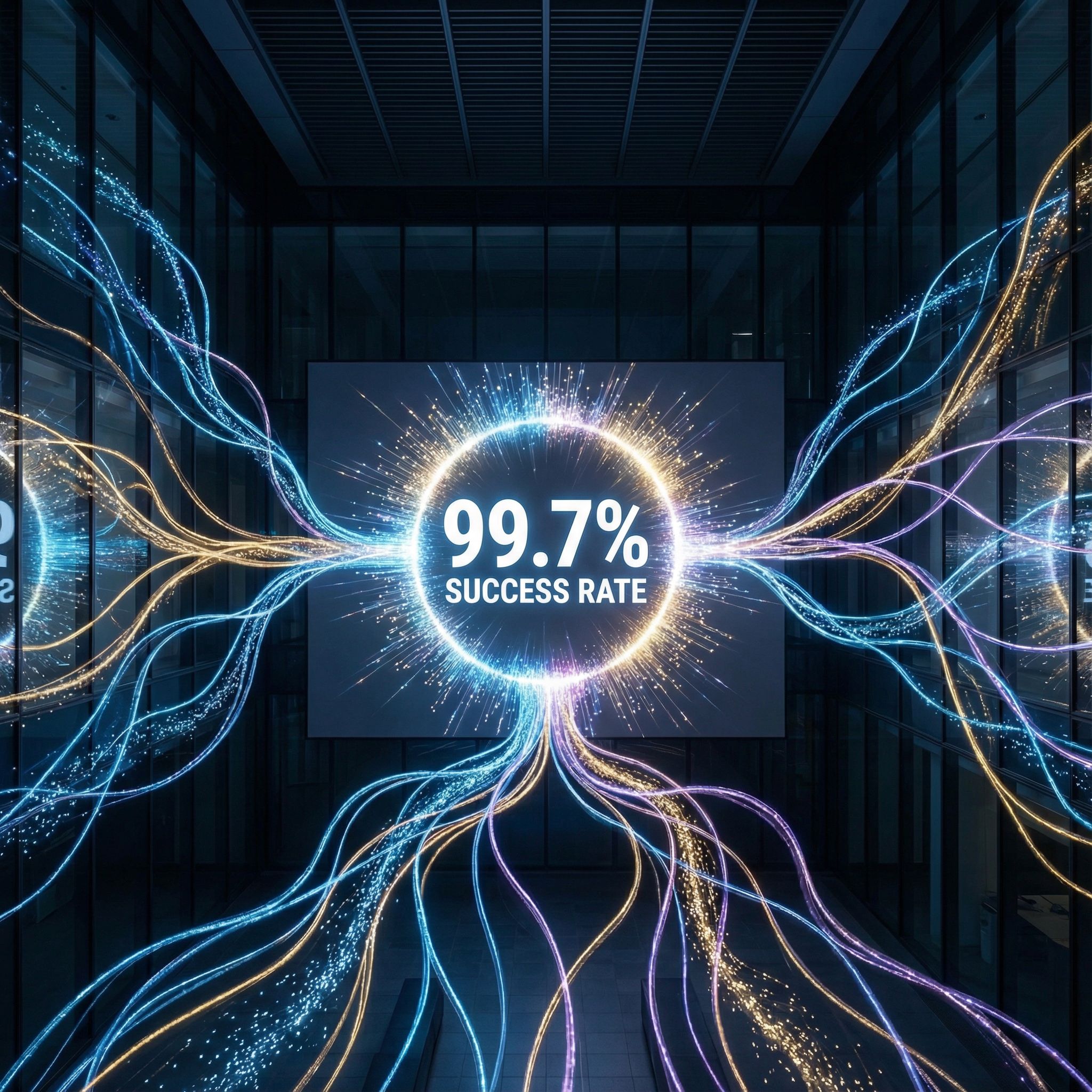 빛나는 가지 모양의 복잡한 망에 무수한 빛 입자들이 흘러가며 중앙의 밝은 통계 결과로 모여드는 모습이다.