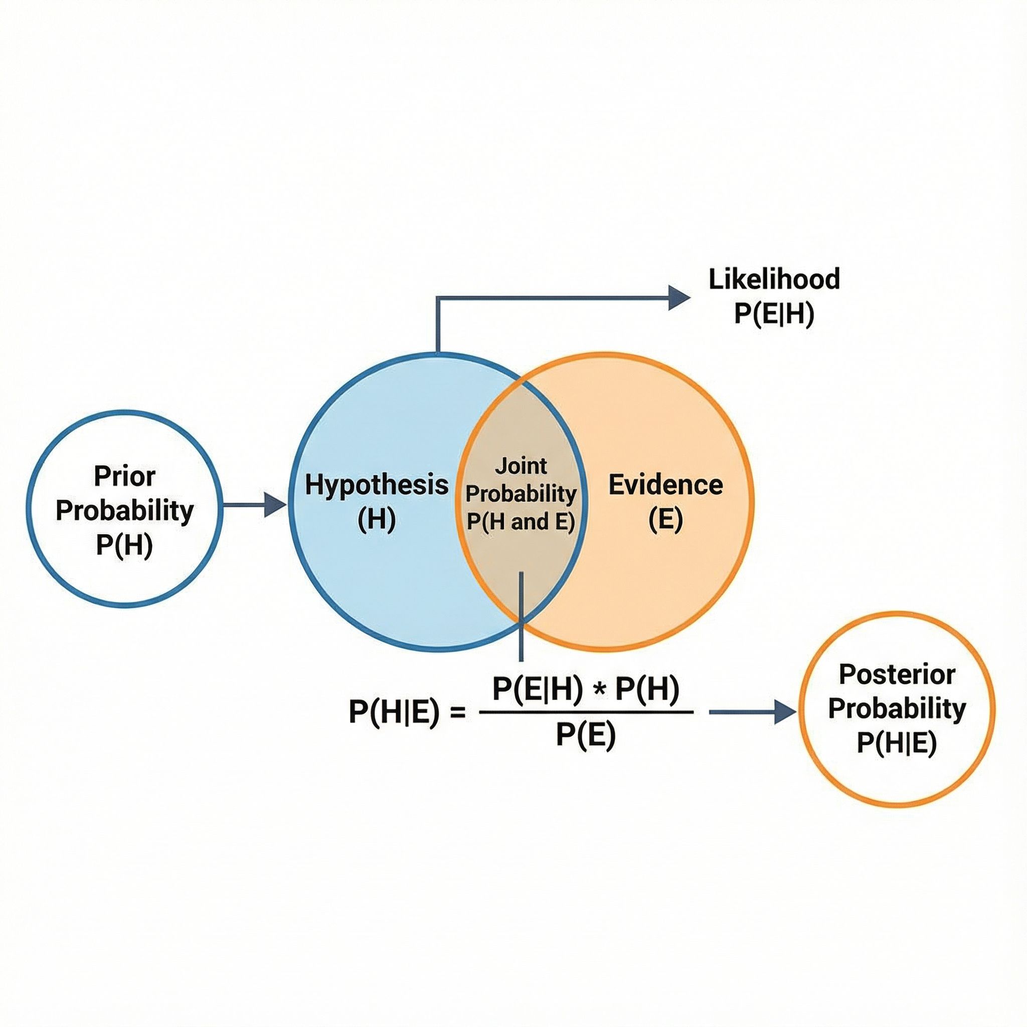 두 개의 겹쳐진 원을 화살표로 연결하며 베이즈 정리에 따른 사전 확률에서 사후 확률로의 변화 과정을