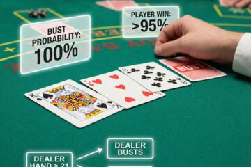 검은색 테이블 위에 블랙잭 딜러의 버스트 카드와 확률 퍼센트, 순서도를 겹쳐 놓은 모습이다.