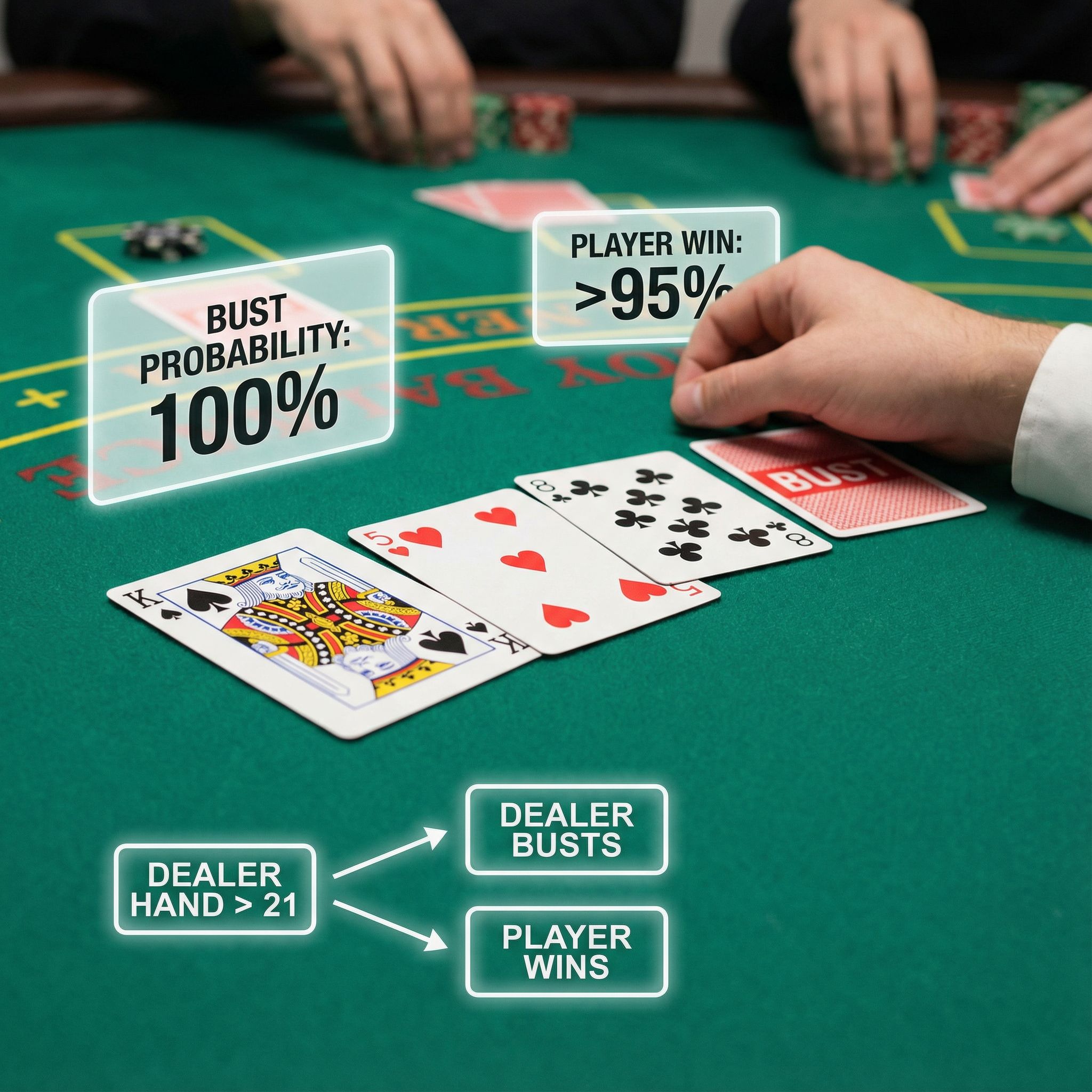 검은색 테이블 위에 블랙잭 딜러의 버스트 카드와 확률 퍼센트, 순서도를 겹쳐 놓은 모습이다.