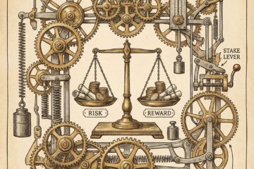 복잡한 톱니바퀴와 레버로 이루어진 도박 시스템의 내부 구조를 보여주는 기계 도면으로, 중심에 두 개의