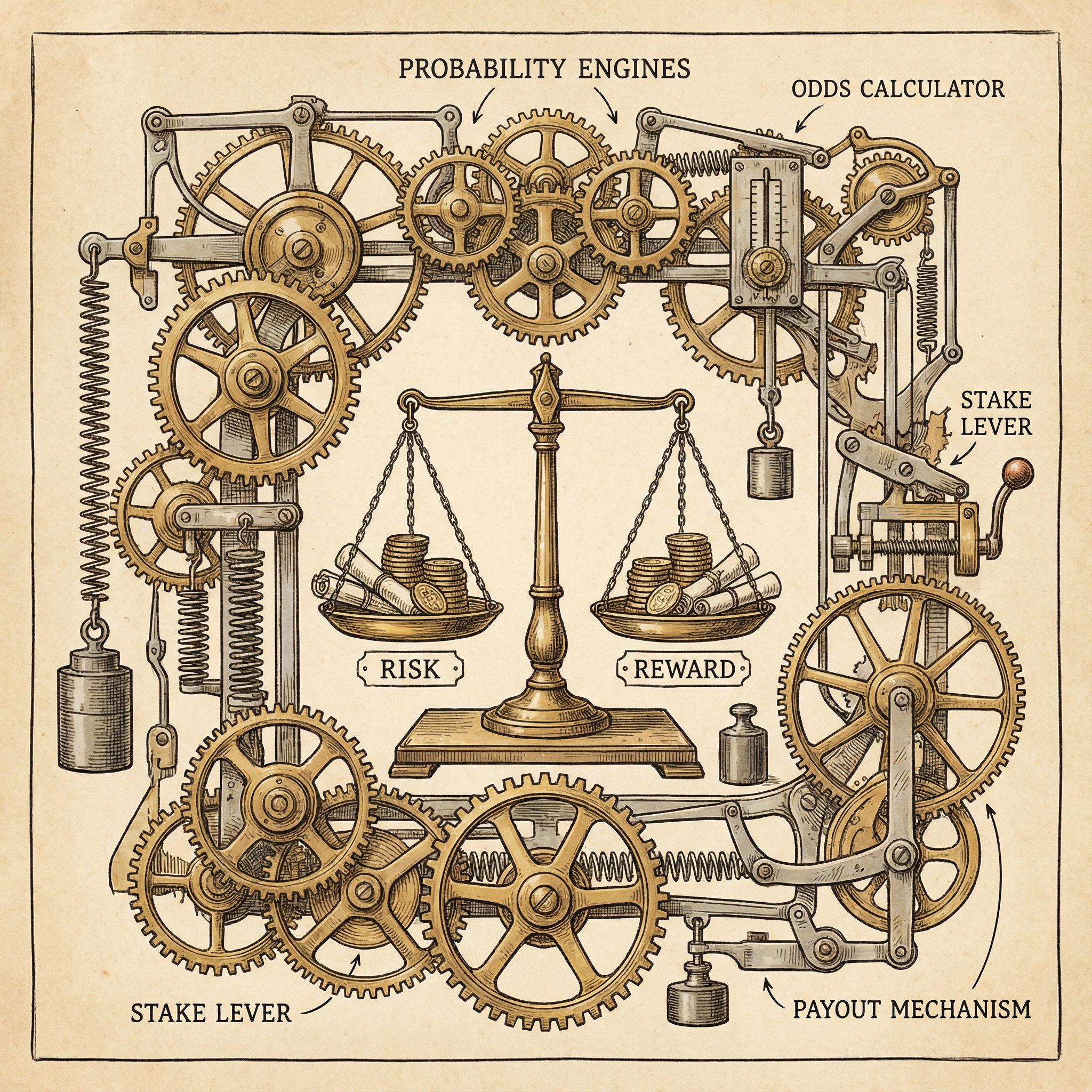 확률 엔진 스팀펑크 일러스트: 리스크와 보상 저울, 배당 메커니즘, 확률 계산기 기어들이 연결된 빈티지 기계 다이어그램