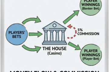 바카라에서 플레이어의 수익에서 카지노로 수수료가 공제되는 금전 흐름을 화살표로 표현한 개념도입니다.