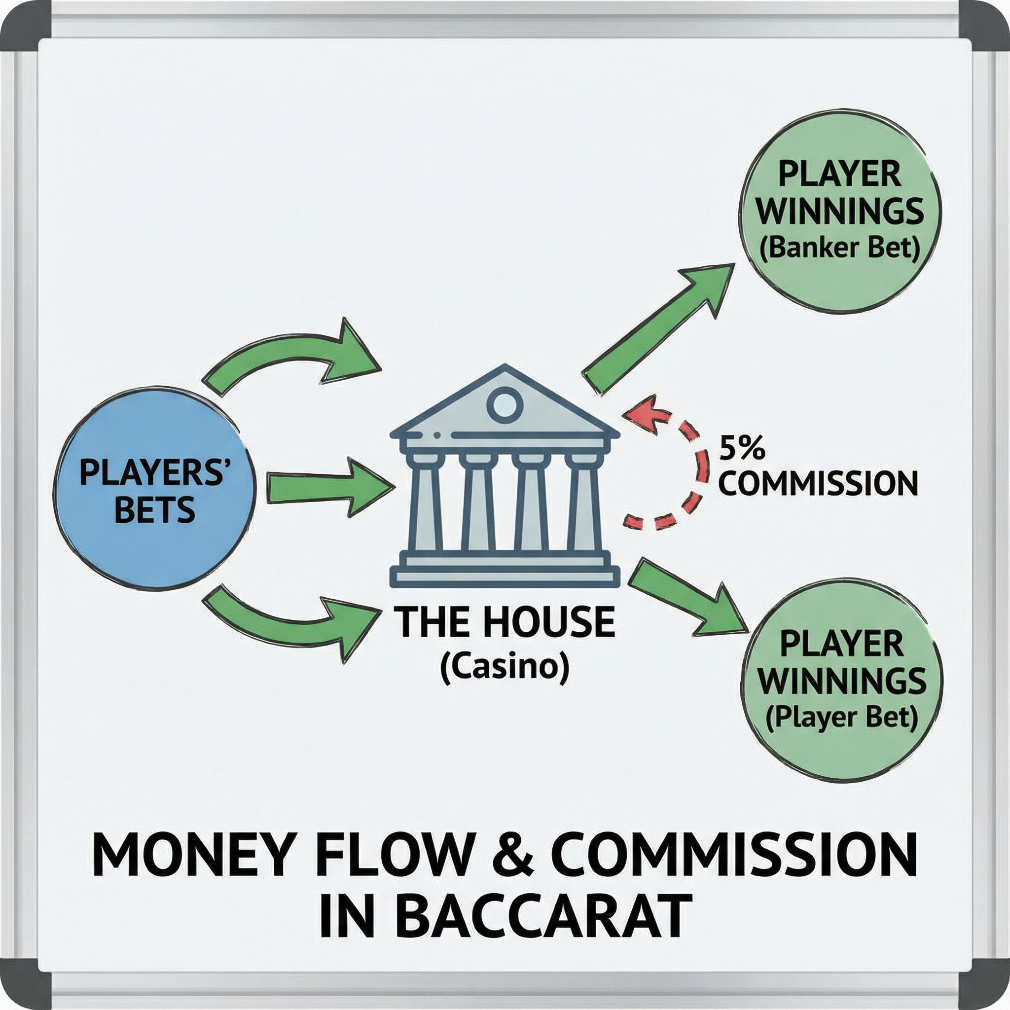 바카라에서 플레이어의 수익에서 카지노로 수수료가 공제되는 금전 흐름을 화살표로 표현한 개념도입니다.