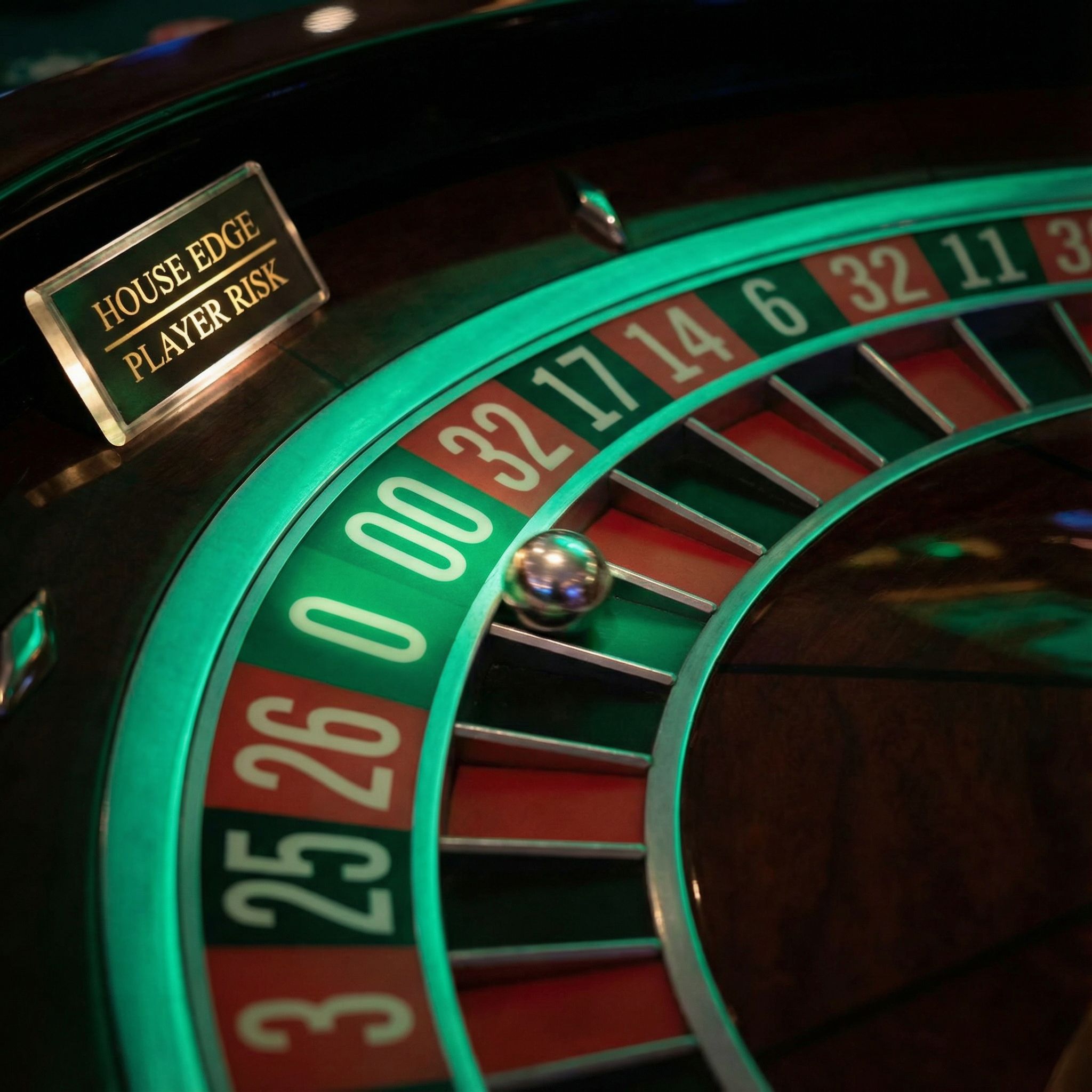 아메리칸 룰렛 휠 클로즈업: 0과 00이 보이는 녹색 룰렛에 '하우스 엣지'와 '플레이어 리스크' 라벨이 표시된 사진