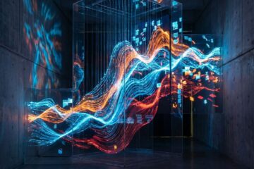 빛과 색상의 물결이 리듬감 있게 움직이며 숨겨진 시장 변동성을 상징하는 동적 금융 데이터 흐름을 표현한