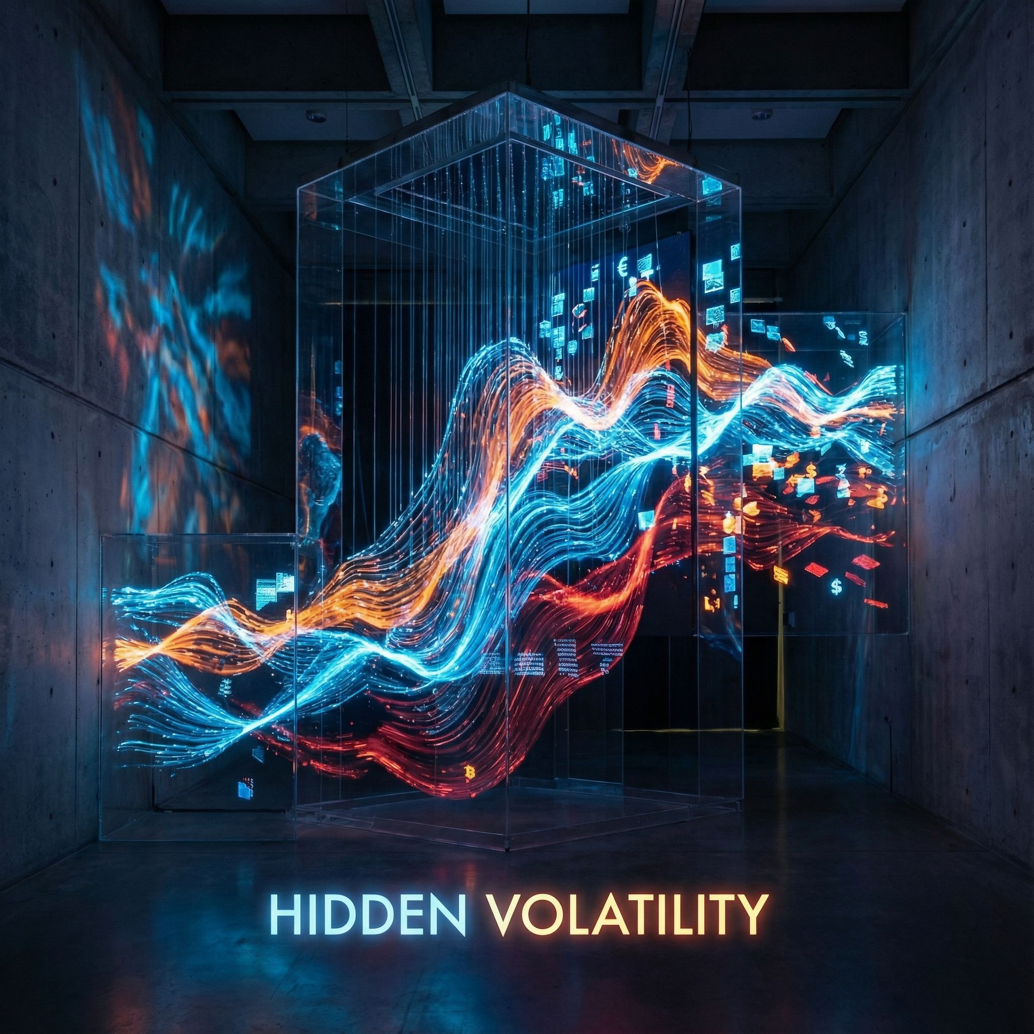 빛과 색상의 물결이 리듬감 있게 움직이며 숨겨진 시장 변동성을 상징하는 동적 금융 데이터 흐름을 표현한