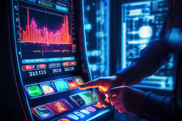 빛나는 데이터 흐름과 성장 차트가 표시된 슬롯머신 레버를 디지털 손이 당기는 모습이다.