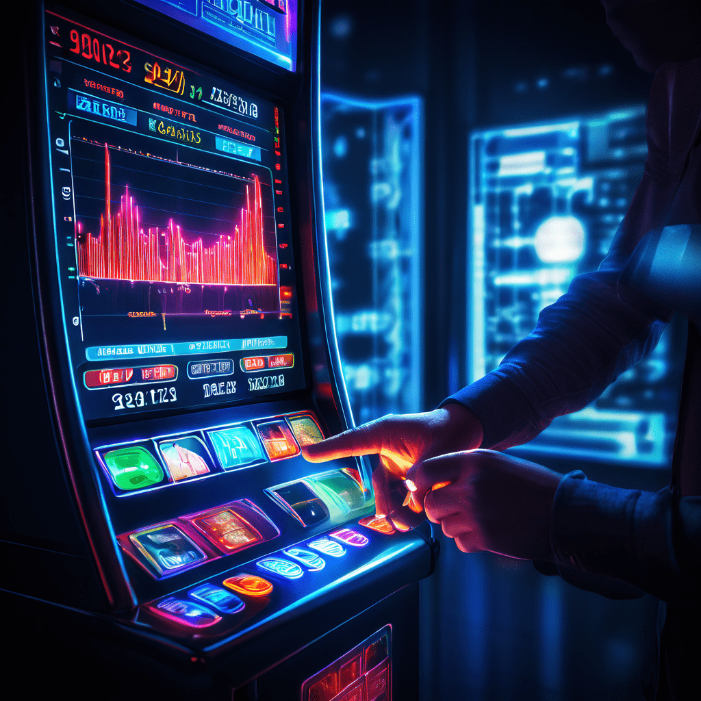 빛나는 데이터 흐름과 성장 차트가 표시된 슬롯머신 레버를 디지털 손이 당기는 모습이다.