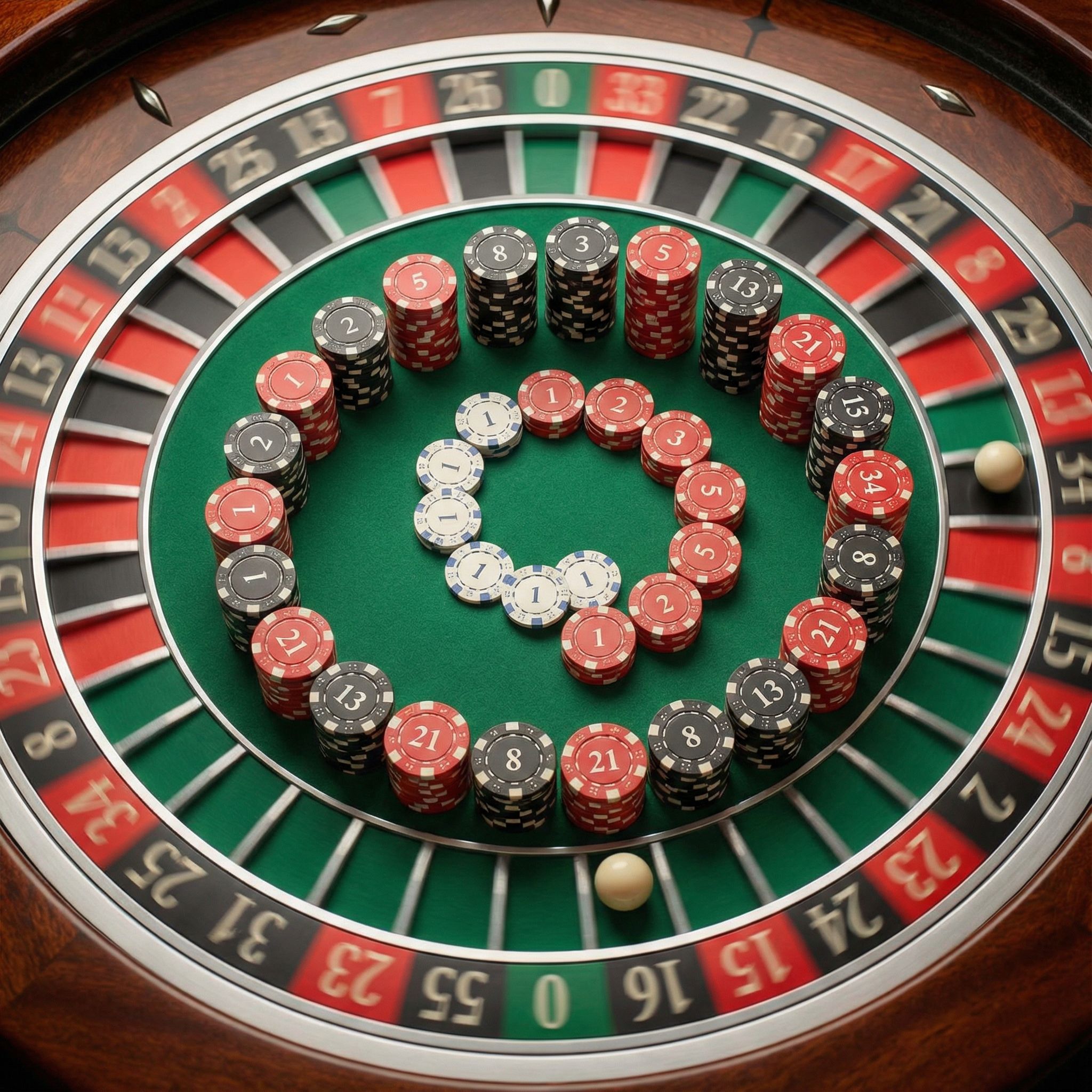 피보나치 나선형으로 배열된 칩이 빨강과 검정에 배팅된 진행을 보여주는 룰렛 휠 모습이다.