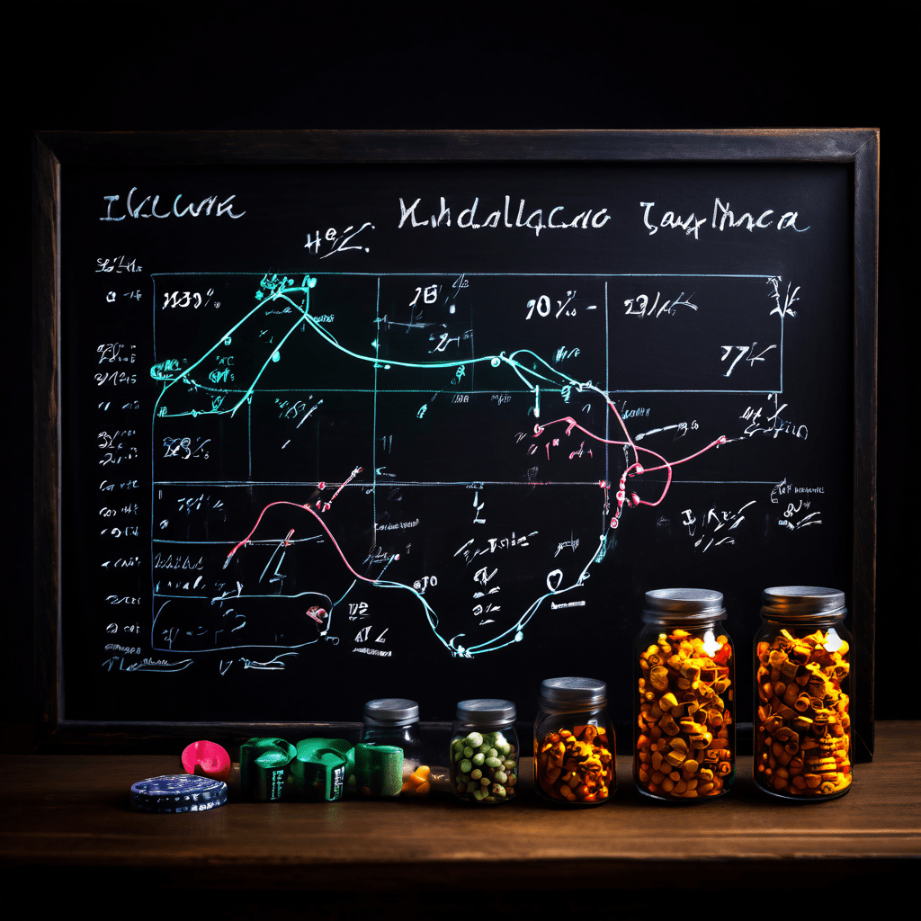 어두운 칠판에 빛나는 기댓값 공식과 공중에 떠 있는 주사위, 동전, 확률 퍼센트가 그려져 있다.