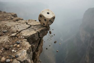흰색 주사위 하나가 무너져 내리는 절벽 가장자리에서 위태롭게 걸쳐 있으며, 아래로는 깊은 협곡이 보입니다.