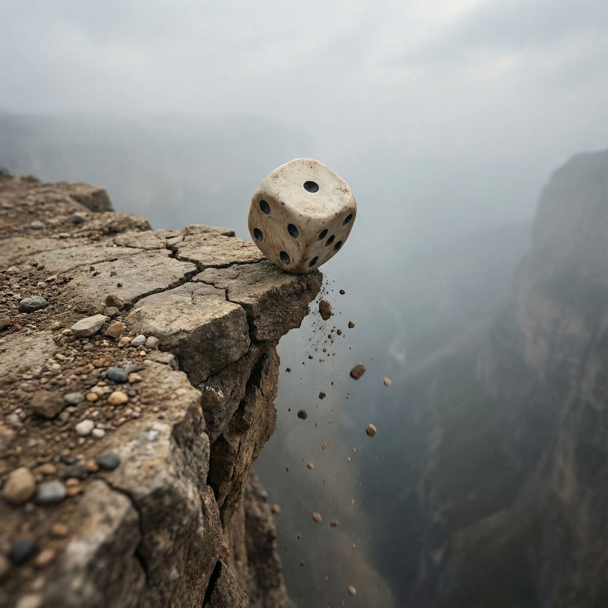 흰색 주사위 하나가 무너져 내리는 절벽 가장자리에서 위태롭게 걸쳐 있으며, 아래로는 깊은 협곡이 보입니다.