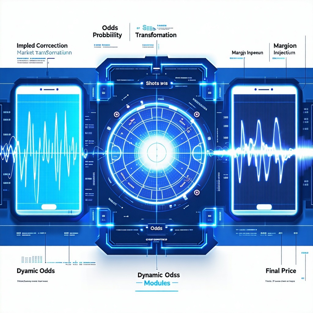 스마트폰 그래프와 중앙 분석 패널이 연결되어 실시간 확률과 배당 변환을 표시하는 디지털 오즈 엔진 인터페이스