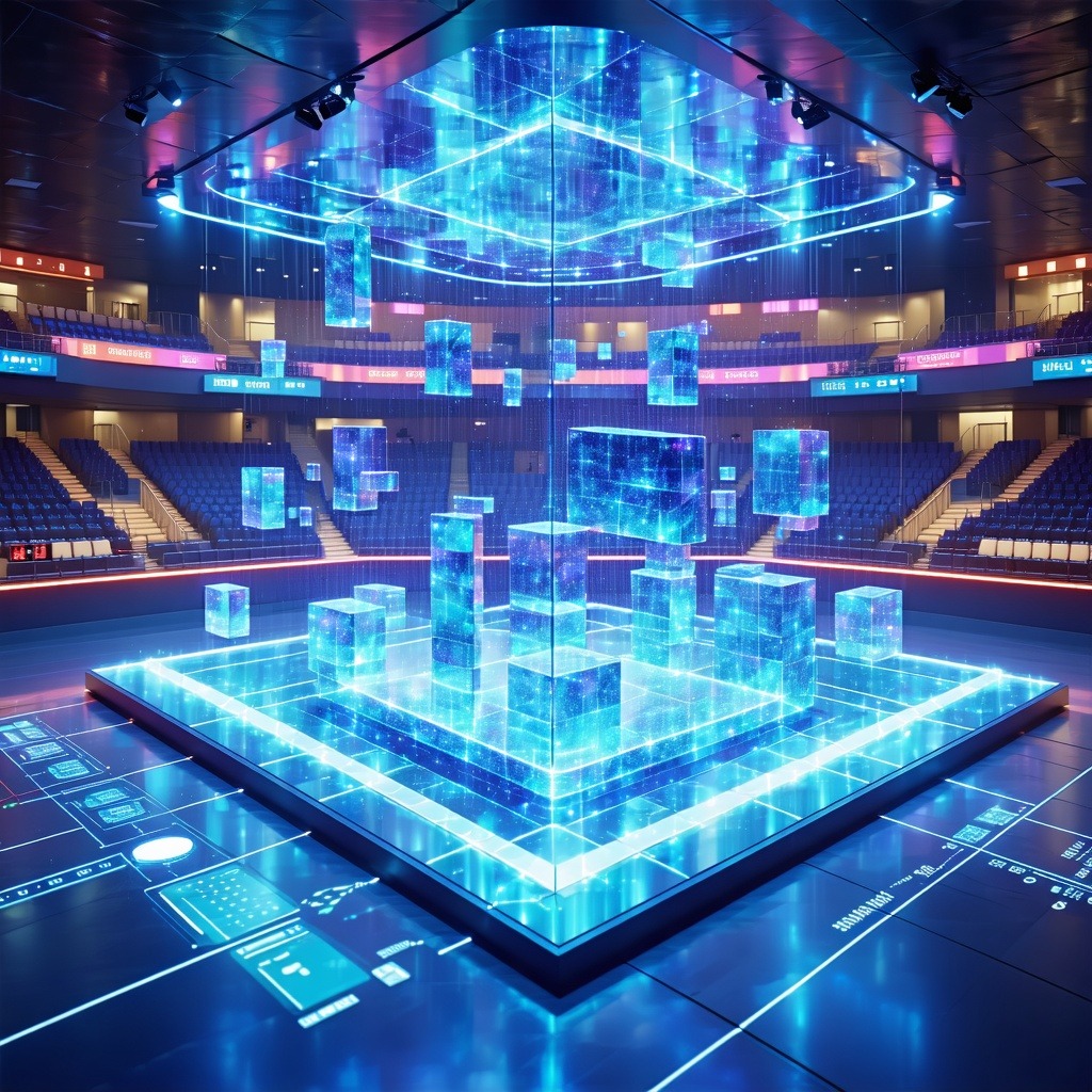 실내 경기장에서 여러 개의 홀로그램 큐브가 공중에 떠 있으며 데이터 분석 구조를 형성하는 미래형 스포츠 테크 이미지