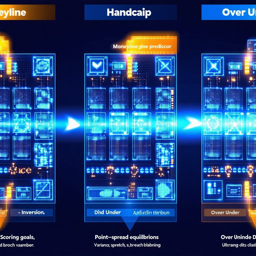머니라인, 핸디캡, 오버언더를 디지털 패널로 비교하며 확률 패턴을 보여주는 스포츠 베팅 모델 시각화