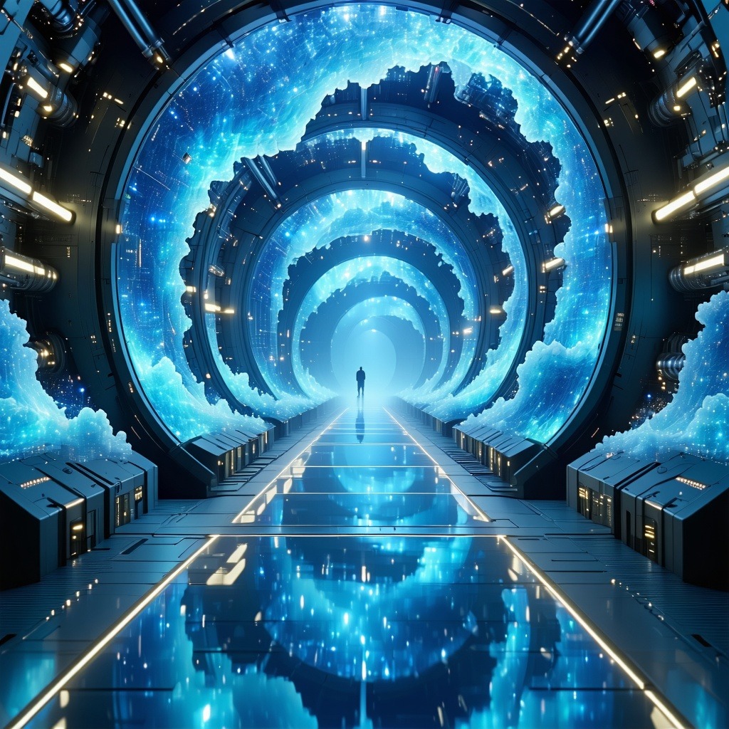 빛의 소용돌이 구조가 이어진 미래형 데이터 터널 속을 한 사람이 걸어가는 장면