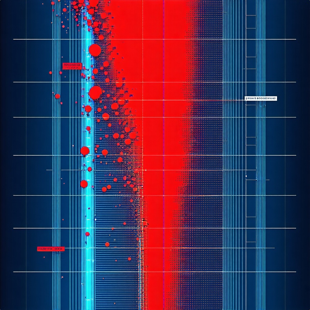 푸른 선과 붉은 점들이 겹쳐진 대규모 데이터 매트릭스 그래프 시각화