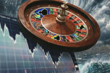 회전하는 룰렛의 숫자가 혼란스러운 프랙탈 무늬로 대체되어, 흐릿한 그래프 가장자리에서 예측의 경계를