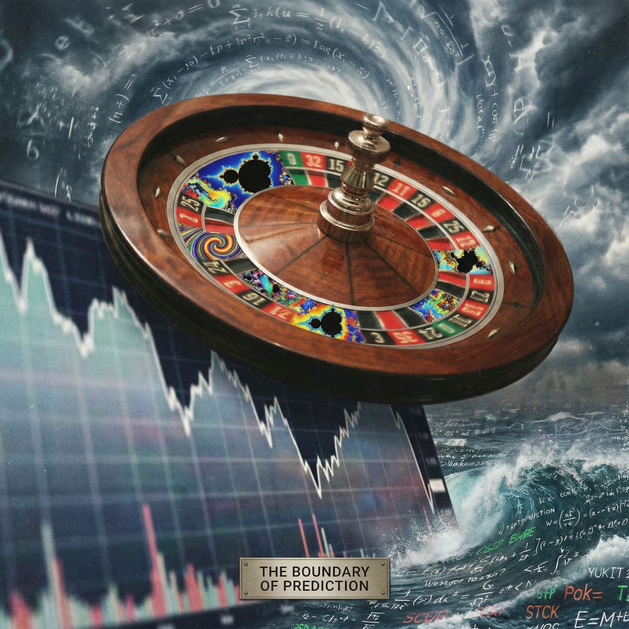 회전하는 룰렛의 숫자가 혼란스러운 프랙탈 무늬로 대체되어, 흐릿한 그래프 가장자리에서 예측의 경계를