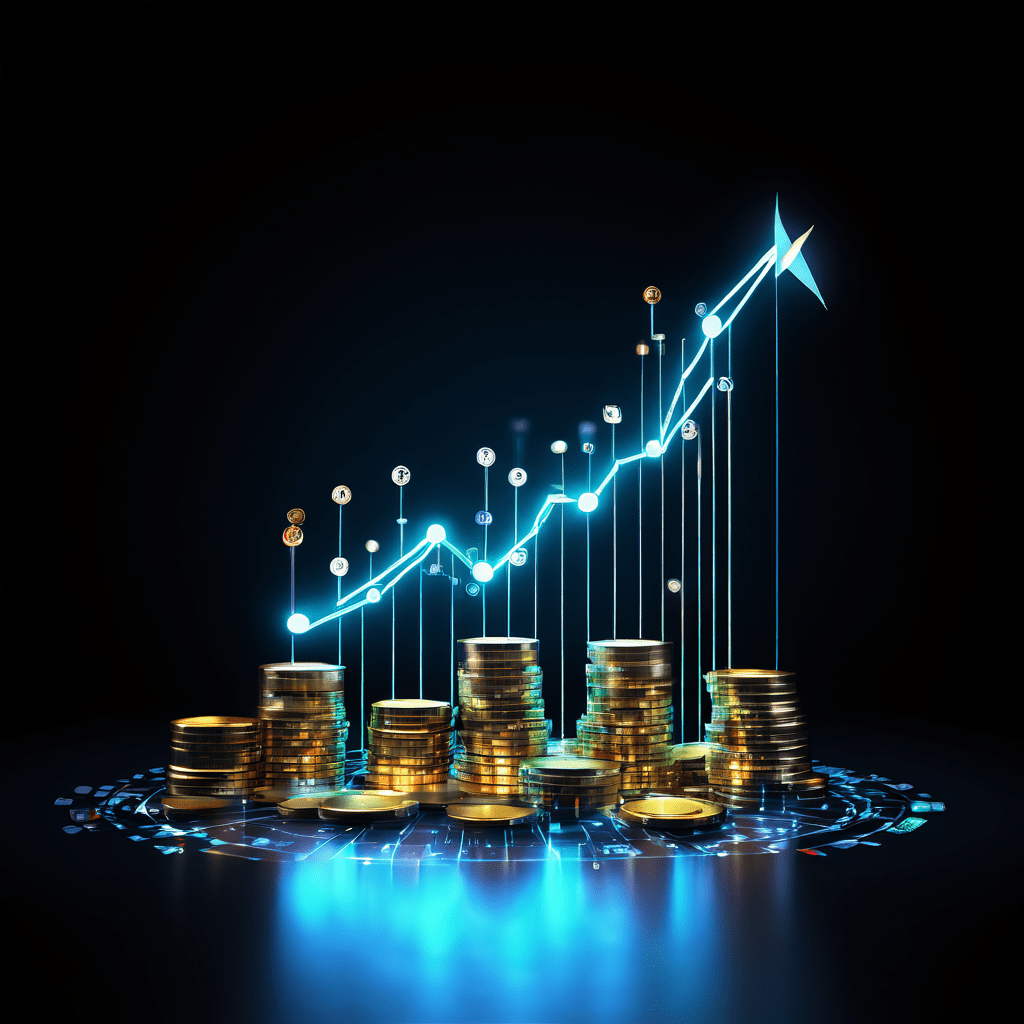 빛나는 상승 화살표가 통계 그래프를 관통하며 주변으로 반짝이는 동전과 주사위가 공전하는 모습이다.