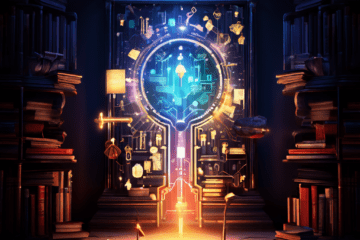 빛나는 콘텐츠 키가 책과 인포그래픽으로 쌓인 신뢰의 금고를 열고 관객에게 정보를 전달하는 모습입니다.